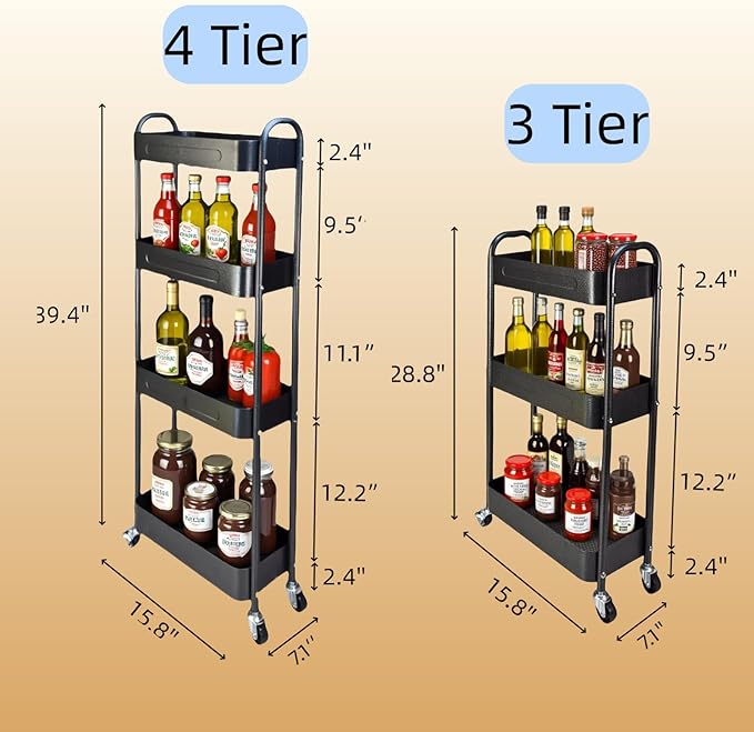 4 Tier Slim Storage Cart with Wheels for Laundry Room Between Washer and Dryer, 7.1'' Narrow Rolling Cart with Wheels and Lockable Casters, Metal Thin Standing Shelf for Small Space, Black
