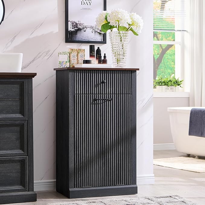 Modern Tilt-Out Laundry Hamper Cabinet, 10 Gallon Fluted Trash Can Cabinet with Drawer, Wooden Hidden Garbage Can Cabinets with Laundry Basket, Free Standing for Bathroom and Kitchen, Grey