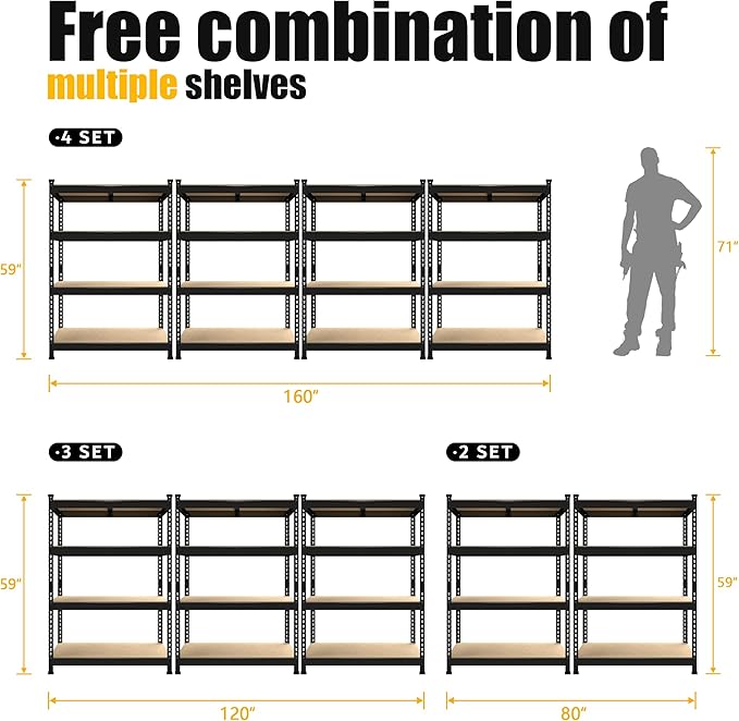 PrimeZone 40" W x 20" D x 59" H Heavy Duty Storage Shelves, 4 Tier Adjustable Garage Shelving Unit, Metal Organizer Shelf Utility Rack for Warehouse Pantry Closet Kitchen, Black, 2 Pack