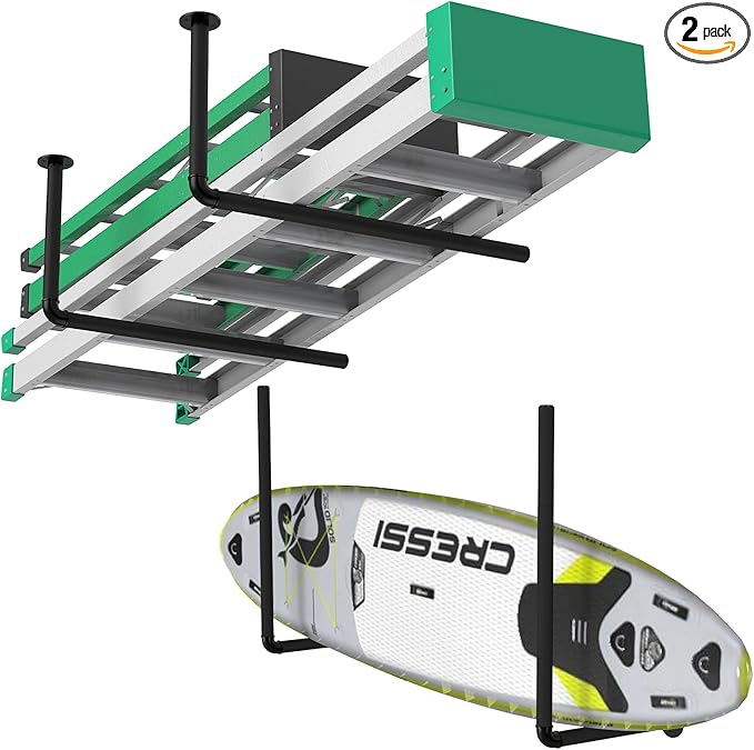 Surfboard Wall Mount or Ceiling Rack, Heavy-Duty Overhead Garage Storage Rack with Sponge Pads, Garage Ceiling Storage Racks for Ladder, Surfboard, Snowboard, Paddle Boards, Holds 100 lbs, Black
