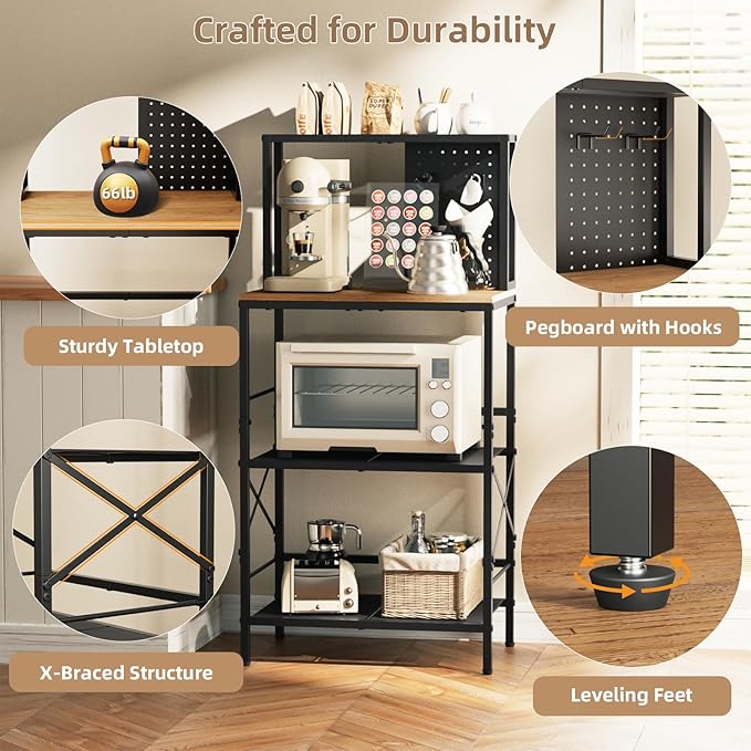 Kitchen Bakers Rack with Pegboard, 4-Tiers Coffee Bar Table, Heavy-Duty Metal Microwave Stand, Adjustable Storage Shelf Rack for Living Room, Garage, Office