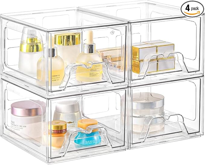 Stackable Makeup Organizer Storage Drawers Set of 4, Clear Plastic Organizer Bins for Beauty Supplies,Ideal for Vanity, Bathroom,Cabinet,Pantry Organization (4 Short)