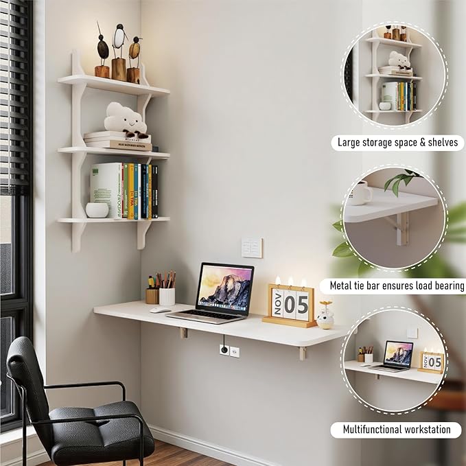 Pmnianhua Wall Mounted Folding Table, 31'' Floating Laptop Desk with Shelves, Foldable Drop Leaf Table, Wall Mount Fold Down Table for Laundry Room Kitchen Bar Home Office Small Space(White)