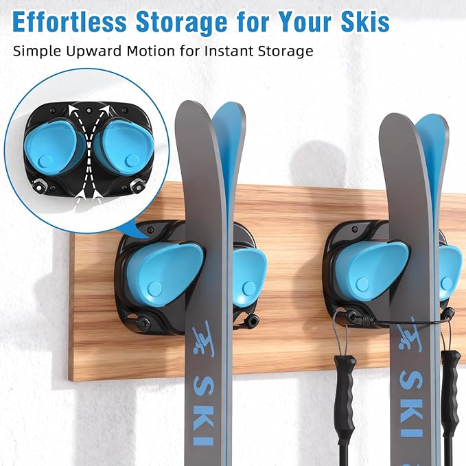 WDZREE Ski & Snowboard Wall Rack for Garage, Fits Any Ski or Board, Ski Wall Mount Garage Organization Holders, Damage-Free Storage Rack, Space-Saving Clamp Winter Gear Organizer, Blue (4 Pack)