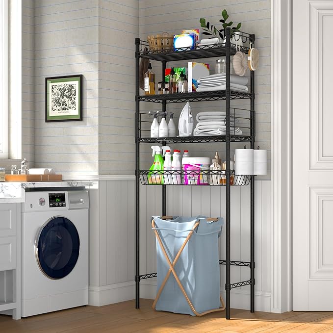 PrimeZone Over The Toilet Storage Shelf - 4 Tier Adjustable Metal Bathroom Wire Shelves Organizer with 2 Hooks, Freestanding Above Toilet Storage Rack for Bathroom Laundry, White