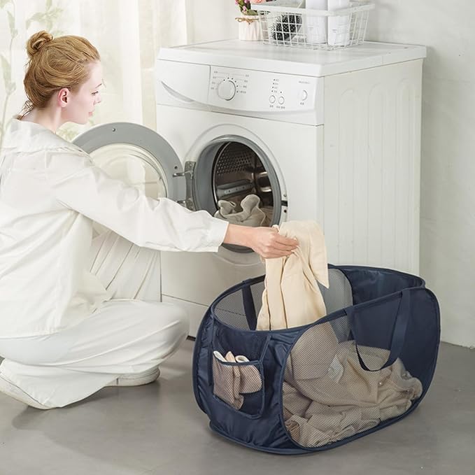 HONOMA Sturdy Mesh Laundry Hamper Basket Bag,Pop up Basket with Side Pocket for Laundry Room, Bathroom, Kids Room, College Dorm or Travel (Pop Horizontal, Emerald)