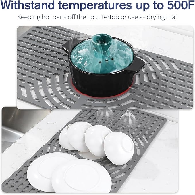 Silicone Sink Protector 30"x16" Center Drain Hole, Heat Resistant Non-slip Dishwasher Suitable, Large Sink Mat for Bottom of Farmhouse Kitchen Stainless Steel Sinks (Grey)