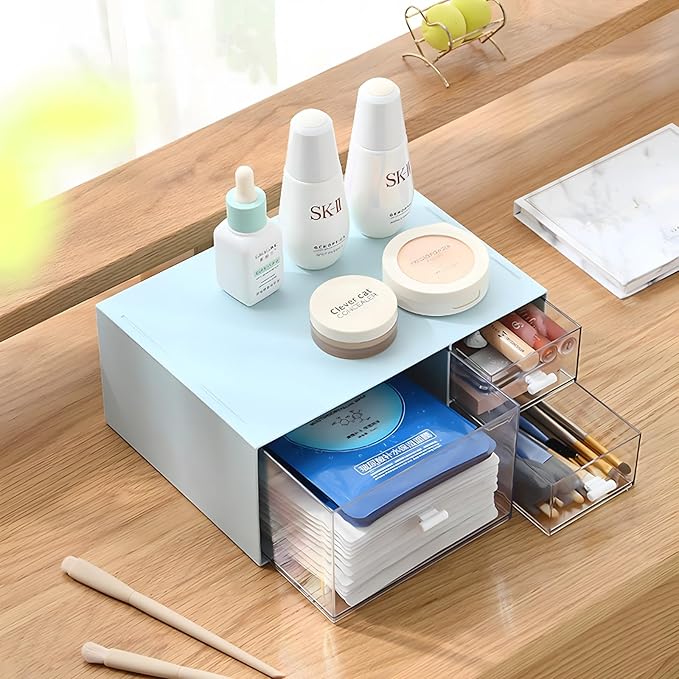 Desk Craft Organizer and Storage with 4 Mixed Drawers, Stackable Plastic Desktop Accessories & Workspace Organizer for Office Stationary, Makeup Skincare, Sanitation Supplies, Blue