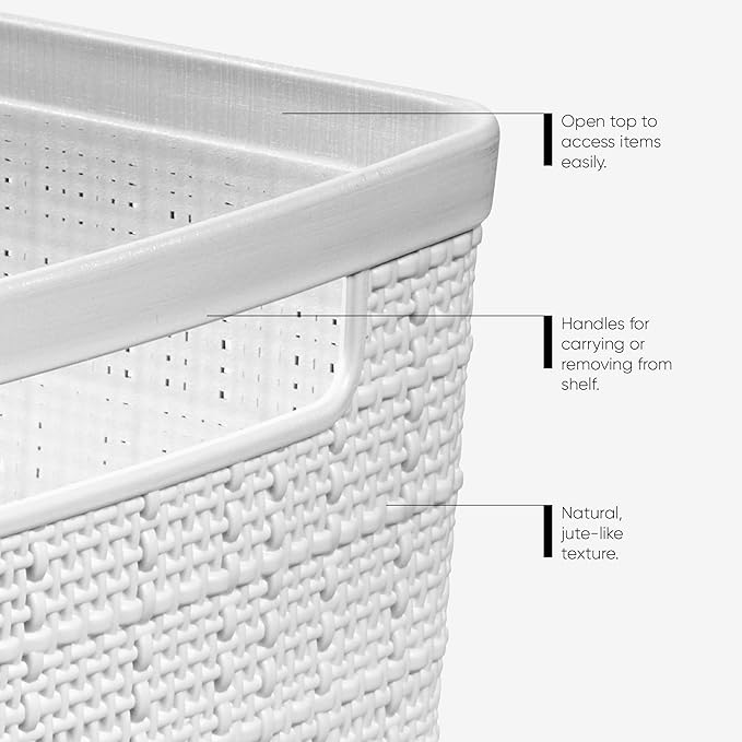 Curver Set of 4 Large 20L Jute Decorative Plastic Organization and Storage Baskets - Perfect Bins for Home Office, Closet Shelves, Kitchen Pantry and All Bedroom Essentials, White