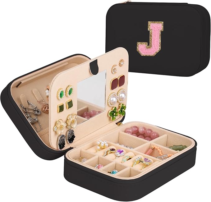 TopPerfekt Travel Jewelry Case, Jewelry Box with Mirror, Jewelry Organizer Bridal Shower Gifts to Her, Earring Storage Travel Case, Trendy Gift for Women and Girls, Girlfriend-Letter J, Black