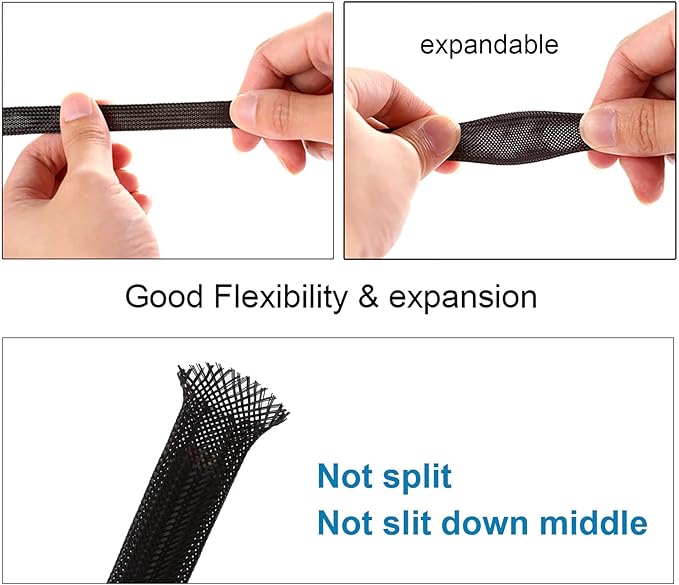 25ft - 1/2 inch PET Expandable Braided Sleeving – Black – Alex Tech Braided Cable Sleeve