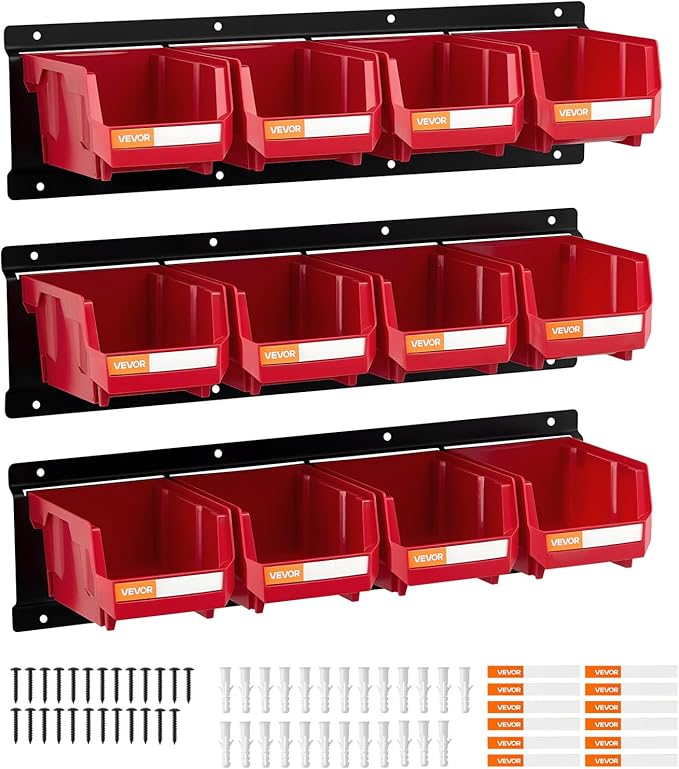 VEVOR Wall Mounted Storage Bins, 12 Plastic Bins & 3 Metal Rails, Plastic Hanging Stackable Storage Bin for Screws, Nuts, Bolts, Nails, Hardware Tool Organizer for Workshop, Craft Room, Garage, Red