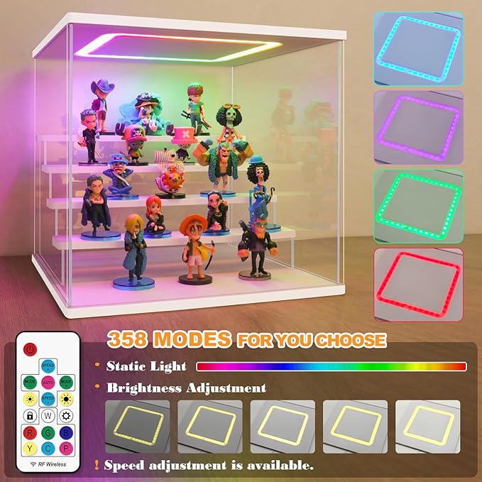 NONEMEY Clear Acrylic Display Case with Light ,3/4/5/6 Tier Multiple Color Lights via Remote Control Dustproof Display Box for Collectibles Figures Mini Toys (4Tier 12.4*9.6*10.4inch)