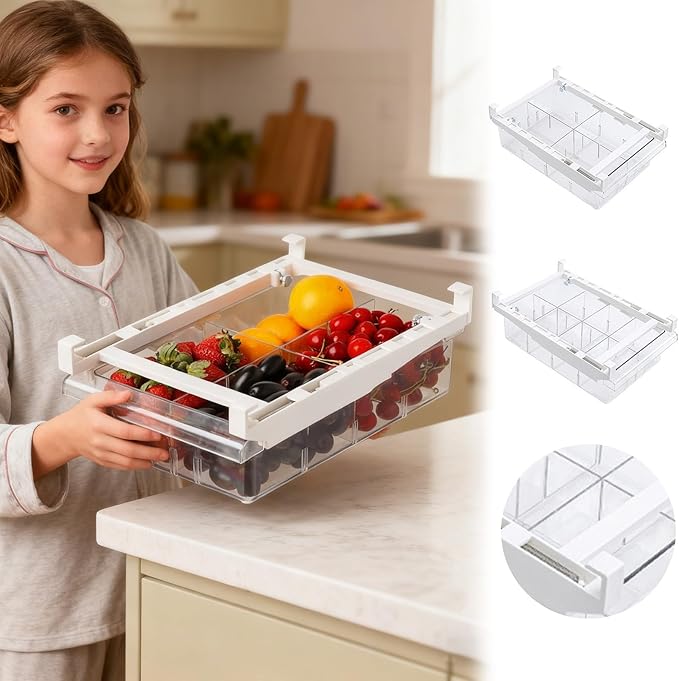 Fridge Drawer Organizer, Pull Out Shelf Storage Transparent Organizer for Refrigerator, Drawer Organizer for Egg, Fruit, Vegetable, Seafood, Meat, Cheese, Produce (White B)