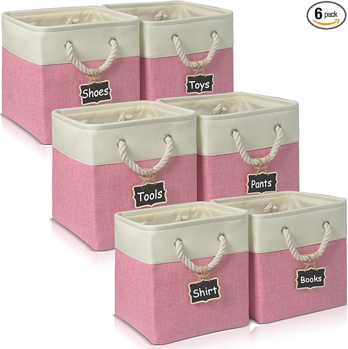 storage cubes 12 x 12[6 Pack],Cube Storage Organizer Bins with Rope Handles, Eco-Friendly Linen Collapsible Organizers for Closet, Nursery, Toys, Office, Bathroom – Dual Color Design.(White&Pink)