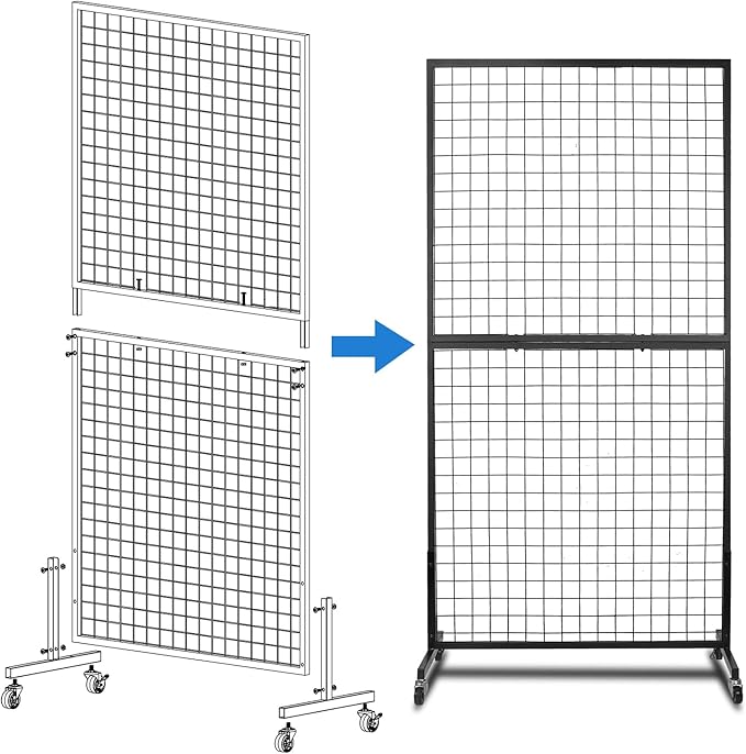 3'x 6' Gridwall Panel Display Stand with T-Base, Black Wire Grid Wall Panels with Wheels, Craft Display Rack, Art Display Stand, Retail Display, Show Rack