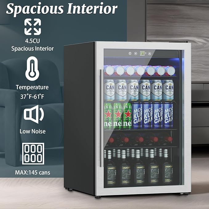 145 Can Freestanding Beverage Refrigerator, 4.5Cu. Ft Mini Fridge with Adjustable Shelvesr and Quiet Compressor, Small Refrigerator with Temperature Control for Soda, Beer or Wine
