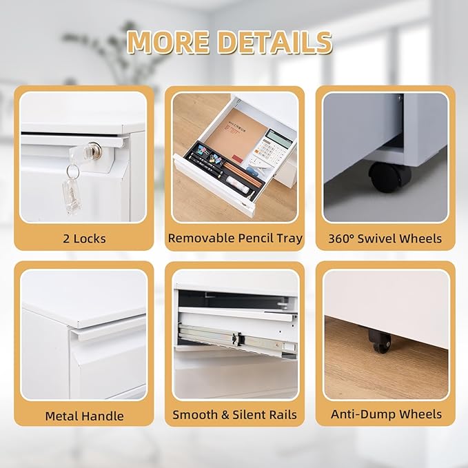 Garvee Mobile Filing Cabinet 3 Drawer,Under Desk File Cabinet with Lock & Anti-Tip Wheel, Metal Rolling Filing Cabinets for Home Office Organizer,a4/Letter/Legal Hanging File Folders