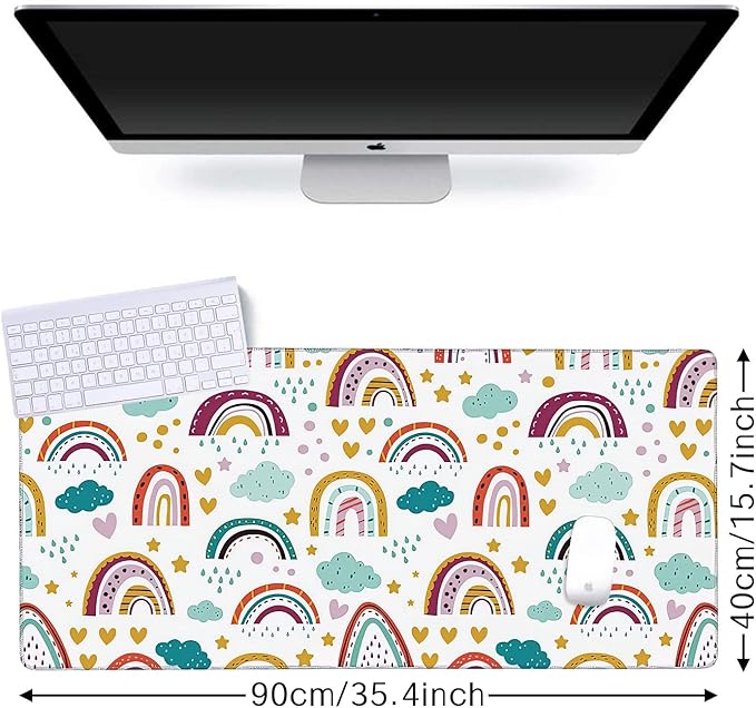 Rainbow in Cartoon Gaming Mouse Pad XXL Large Desk Mouse Pad Keyboard Mat with Stitched Edges Waterproof Non-Slip Desk Mat for Laptop,Keyboard,Computer 35.4 * 15.7 Inch
