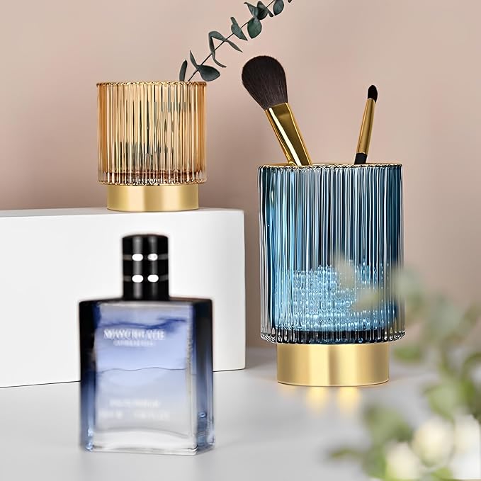 Makeup Brush Holder Organizer, Heavy Crystal Glass Brush Storage Holder, Vintage Cosmetic Make Up Bathroom Brushes Cup Pen Pencil Toothbrush Holder Striped Vase (S+L (amber))