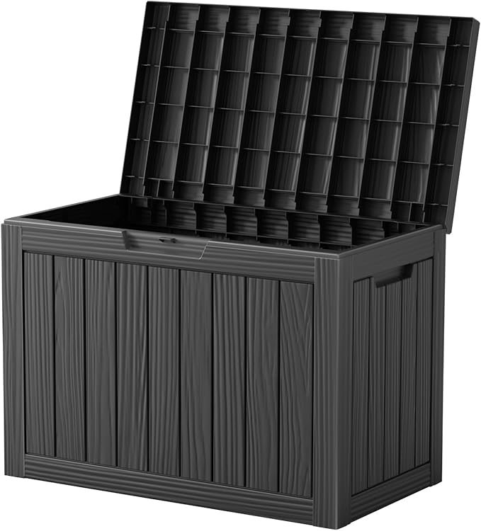 45 Gallon Deck Box,Resin Outdoor Storage Box with Lockable for Patio Furniture, Pool Accessories, Garden Tools Waterproof Outside Storage Box, Black