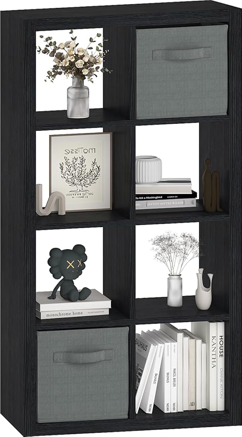 Bookshelf Cube Storage Organizer, 8-Cube Shelf Bookcase with Storage Bin, Modern Wood Open Shelf for Living Room, Bedroom, Home Office,Black