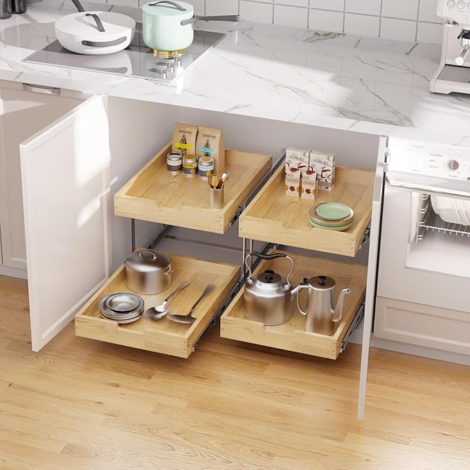 Wood Pull Out Cabinet Organizer 2 Tie 14" W x 21" D, Heavy-Duty Sliding Drawers for Inside Cabinets Storage and Organization for Kitchen, Pantry, Bathroom