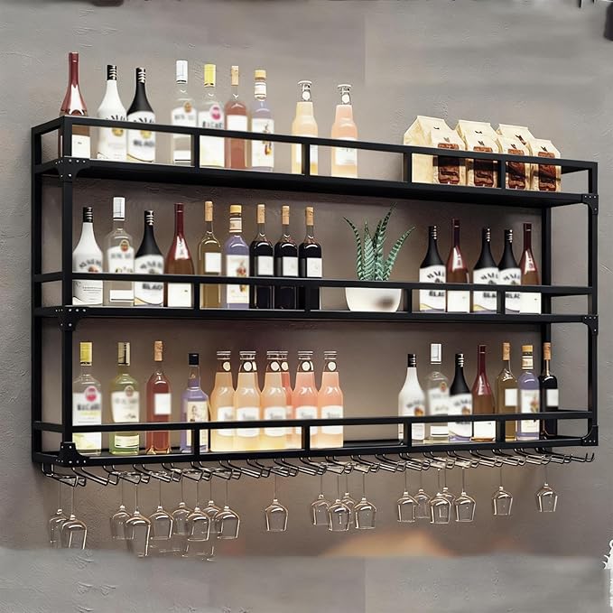 Wall Mounted Wine Rack, Wine Rack Wall Mounted with Wine Glass Rack, Metal Bar Bottle Display Shelf Wine Cups Hanging Holder, for Home Bar Cafe Dining Room Decoration (BLACK, 59*10*35.5IN)