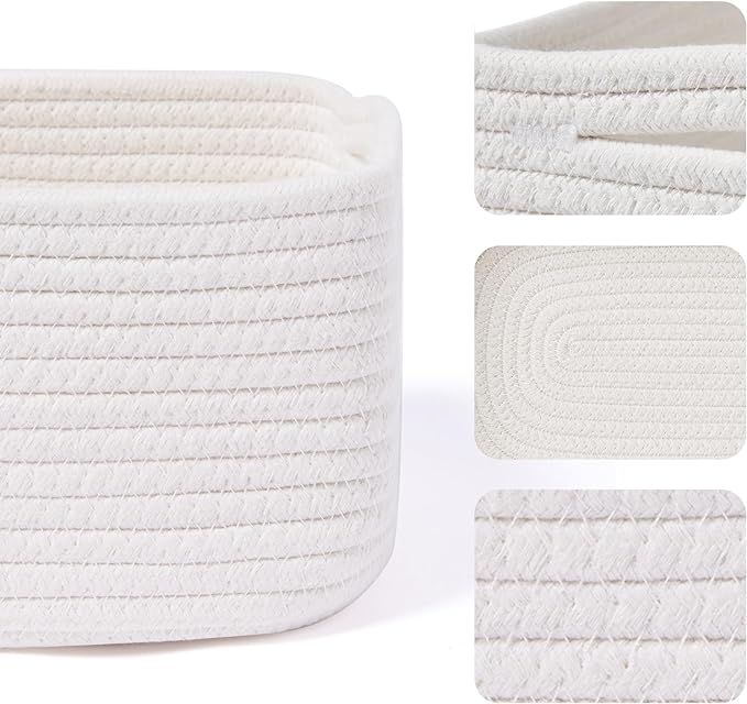 Small Storage Baskets for Organizing | Closet Organizer Bins | Shelf Toy Basket | Woven Rope Baskets | Cube Decorative Box | Shallow Basket | 13x8.5x5.1” | 4 Packs Off White