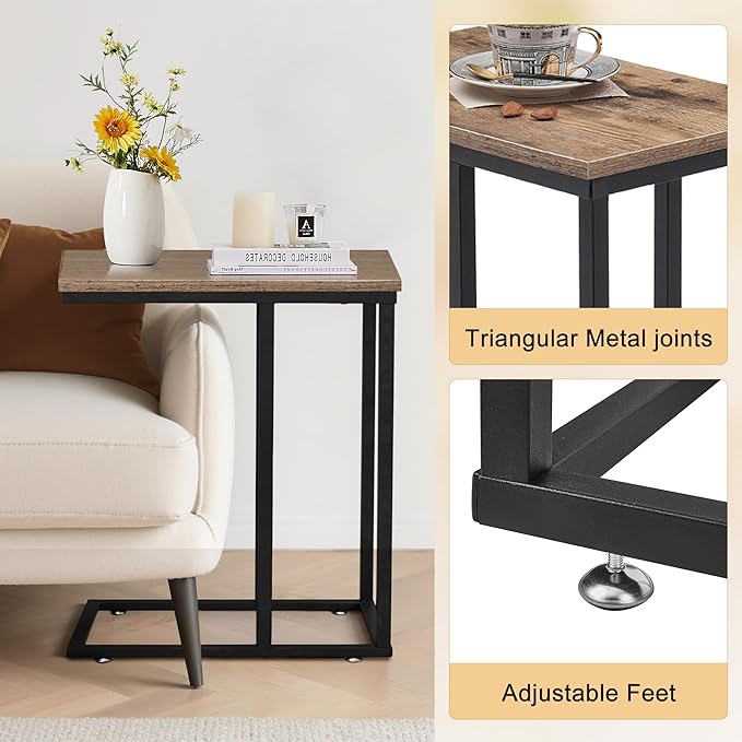VECELO C Shaped End Side Table for Sofa Couch and Bed Snack TV Tray for Living Room Bedroom, 2 PCS,Grey