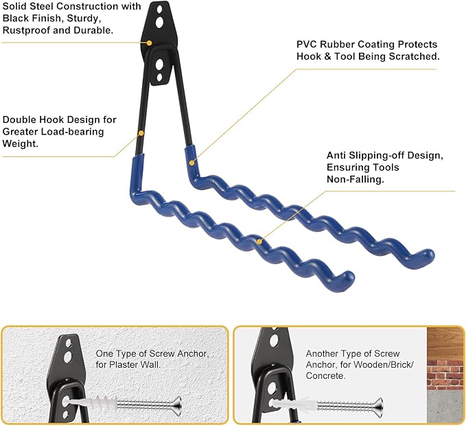 Wall Mounted Garage Hooks Tool Organizer, 14 Inch Garage Storage Hook Heavy Duty Utility Wall Hangers Blue for Ladders, Hose, Garden Tools, Set of 4