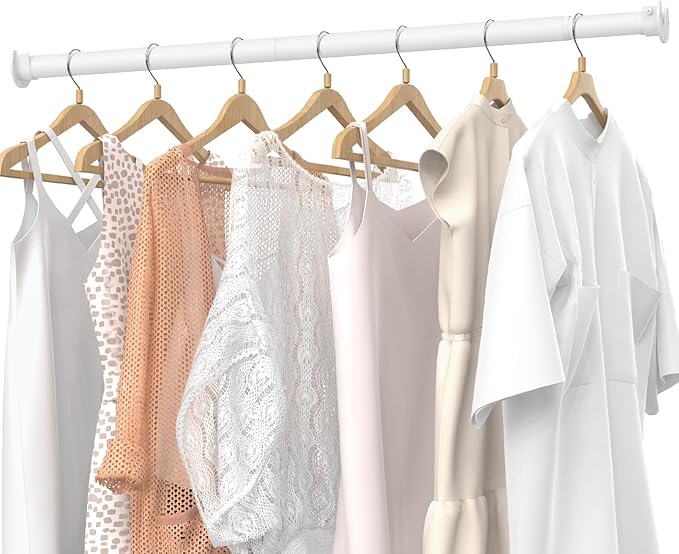 Closet Rods for Hanging Clothes, 17 to 84 Inches Stepless Adjustable Metal Closet Rod, 1.3 Inches Heavy Duty Clothes Hanging Rod for Closet Wardrobes Laundry RV, White