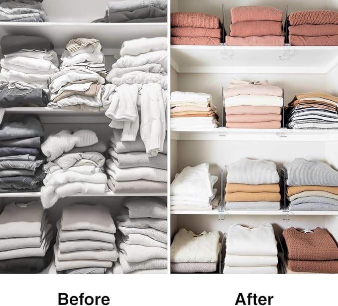 Shelf Dividers Purse Organizer for Closet: 12-Pack Acrylic Bag Storage Organizer for Handbags, Clutches, Clothes, Sweater, Towel on Wood Shelves
