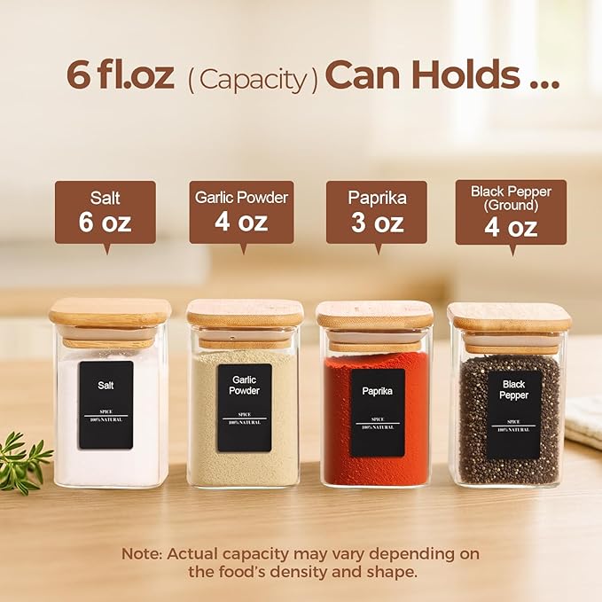ComSaf 16Pcs Glass Spice Jars with Bamboo Lid, 6oz Airtight Square Containers with 275 Black Lables, Empty Seasoning Jars for Salt Sugar