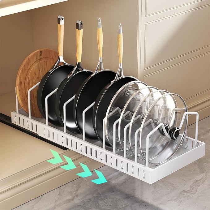 Pull Out Pots and Pans Organizer Under Cabinet, Expandable Sliding Lid Holder and Pan Rack for Kitchen, Slide Out inside Cabinet for Pot Lid, Bakeware, Dishes, 10 Adjustable Dividers, 1 Pack White