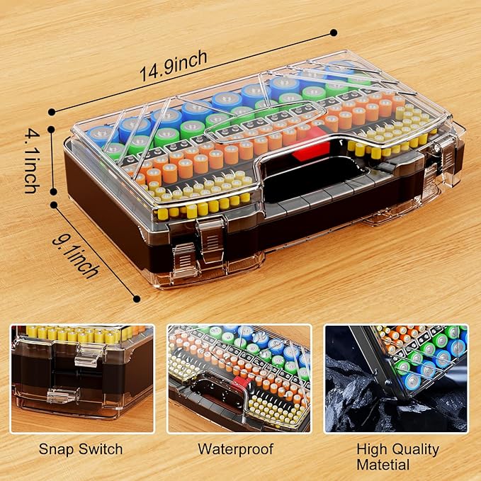 Battery Organizer Storage Holder Box Case with Tester, Stores & Protects Up to 285+ Batteries, Double-Sided and Durable Design,Holds AA AAA 4A C D Cell 9V 3V Lithium LR44 CR2 CR123 (Black)