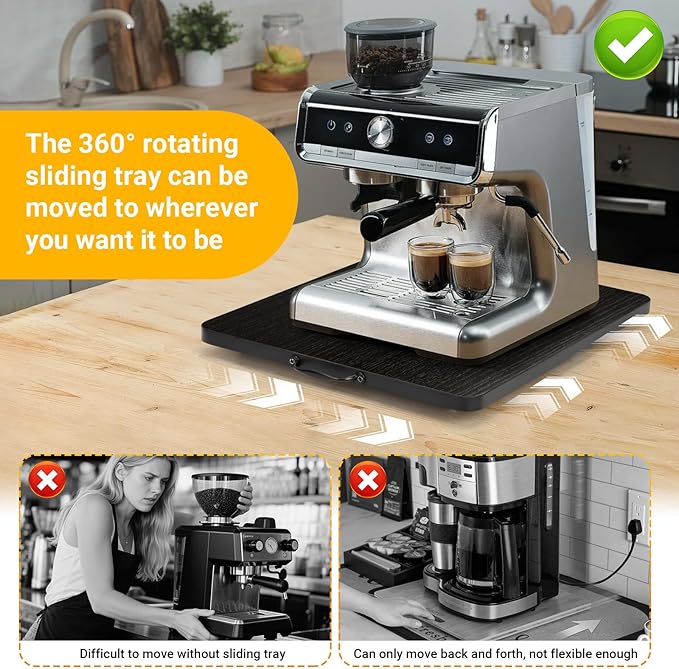 Sliding Tray for Coffee Maker, 360° Rotating Appliance Slider for Kitchen Appliances, Wooden Sliding Tray Suitable for Kitchen Countertops and Kitchen Appliances (Black, Small)