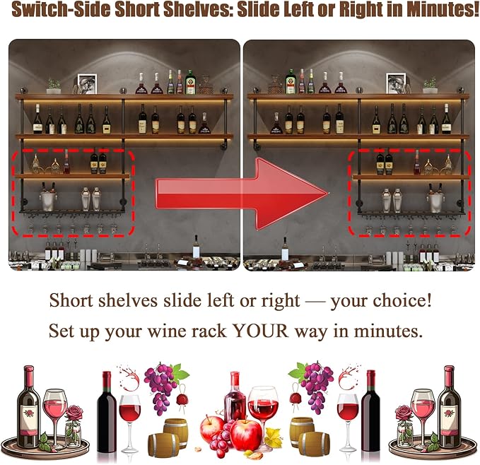 Solid Wood Wall Mounted Wine Rack, Large Wine Rack with LED Light, 4 Tiers Liquor Bottles Floating Shelves with Glass Holder, Industrial Bar Shelves for Home Bar Dining Room (102.4 IN/ 260CM)