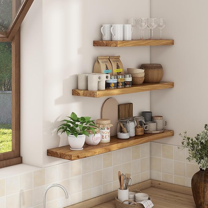 Axeman Floating Shelves for Wall - 40''W x 8'' D Rustic Solid Elm Wood Shelves for Storage, Wall Mounted Display Shelving with Invisible Heavy-Duty Metal Bracket (Natural, 2PCs)