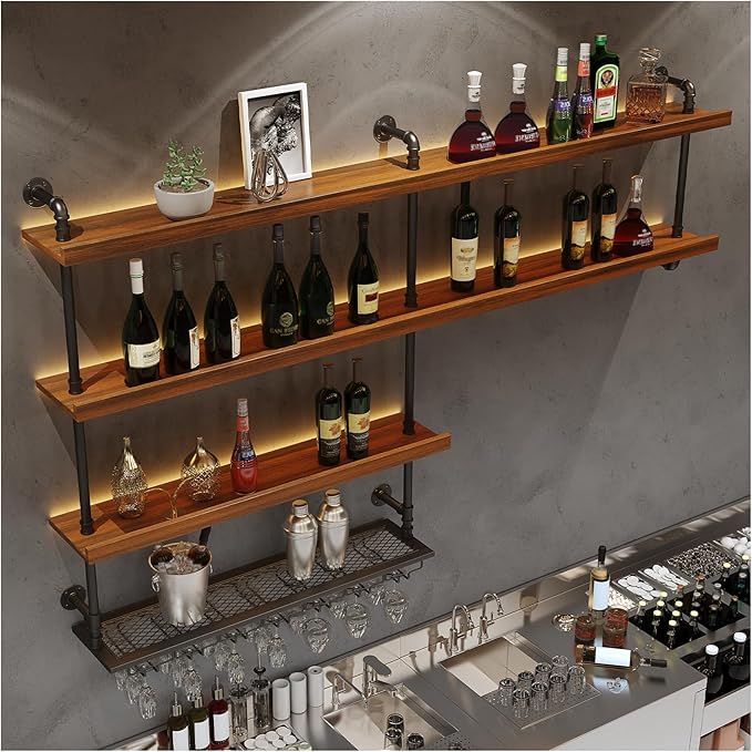 Solid Wood Wall Mounted Wine Rack, Large Wine Rack with LED Light, 4 Tiers Liquor Bottles Floating Shelves with Glass Holder, Industrial Bar Shelves for Home Bar Dining Room (51.2 IN/ 130CM)