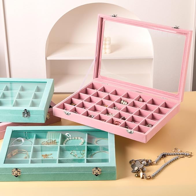 Frebeauty Velvet Jewelry Tray,12 Grid Jewelry Organizer with Clear Lid,Bracelets Holder,Jewelry Display Case with Clasp,Drawer Insert Bangle Brooch,13.8 x 9.5 x 2 Inches,Gift for Women Girls(Pink)