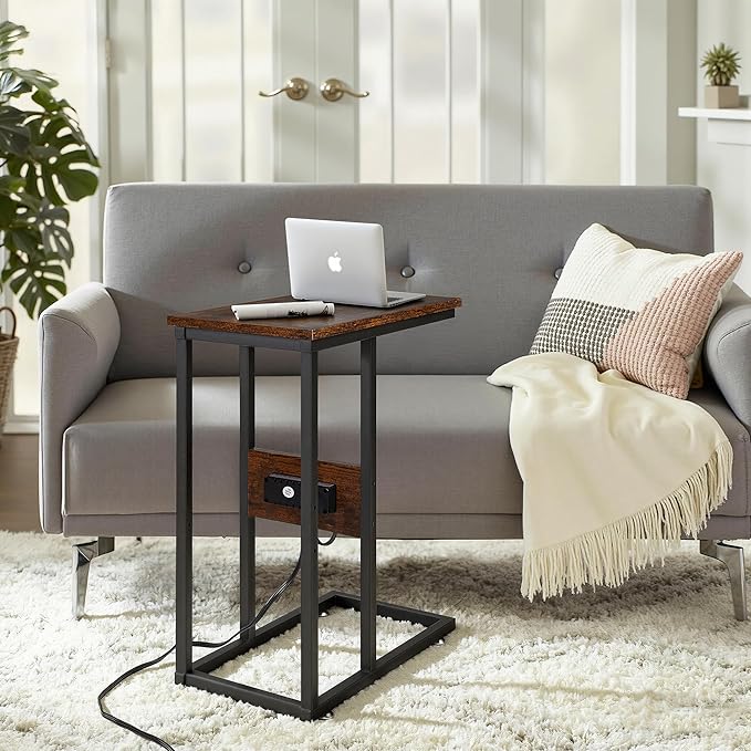 VECELO C Shaped End Side Table with Charging Station & Power Outlets for Couch Sofa/Bed, Snack TV Tray with Metal Frame for Living Room Bedroom 2 PCS, Brown