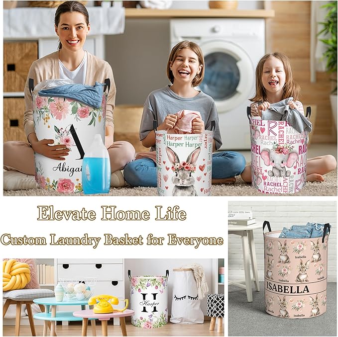 Custom Name Laundry Hamper, Personalized Elephant Laundry Basket with Name for Boys Girls Kids Men Women, Customized Name Dirty Clothes Basket Gifts for Clothes Toy Bathroom Bedroom Laundry Room Dorm
