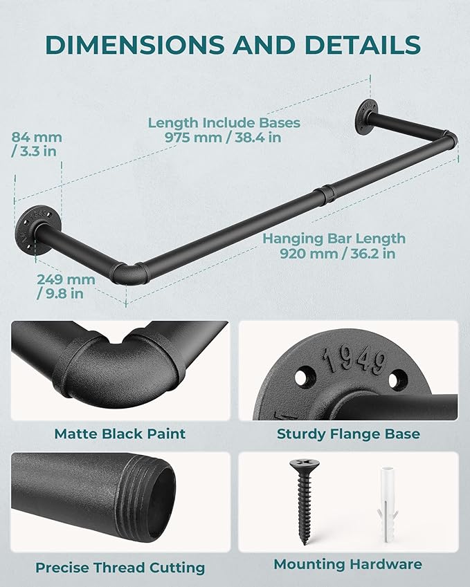 OROPY Industrial Pipe Clothes Rack Wall Mounted Set of 2, 38.4 inches Heavy Duty Iron Pipe Clothing Garment Rail, Multi-Purpose Clothing Hanging Rod for Laundry Room and Closet Storage