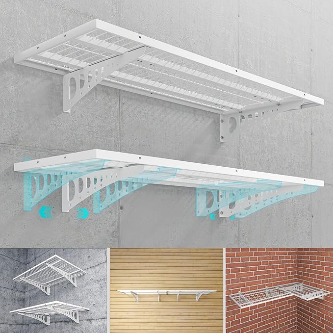 2-Pack 1.5×3.8ft Garage Wall Shelving, 18×45.6 inches Heavy Duty Wall Mounted Shelves, Garage Storage Shelf, 500 lbs Load Capacity, Black (White, 2 Pcs 1.5 * 3.8 ft)