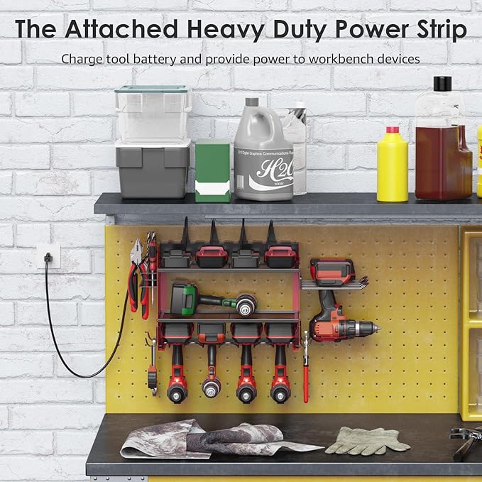 CCCEI Modular Power Tool Organizer Wall Mount Charging Station, Red 6 Drills Holder with 8 Plug Power Strip 10FT, Garage Drill Battery Heavy Duty Metal Shelf, Utility Rack with Hooks, Side Storage.
