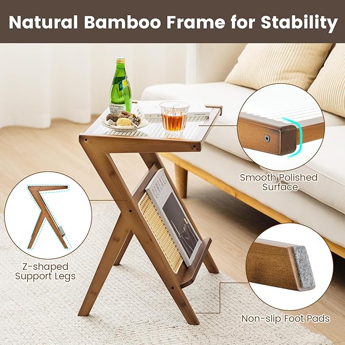 GOFLAME Rattan Side Table Set of 2, Z-Shaped End Table with Tempered Glass Top, Magazine Rack, Boho Night Stand, Small Coffee Table, Bamboo Accent Bedside Table for Living Room, Bedroom, Walnut