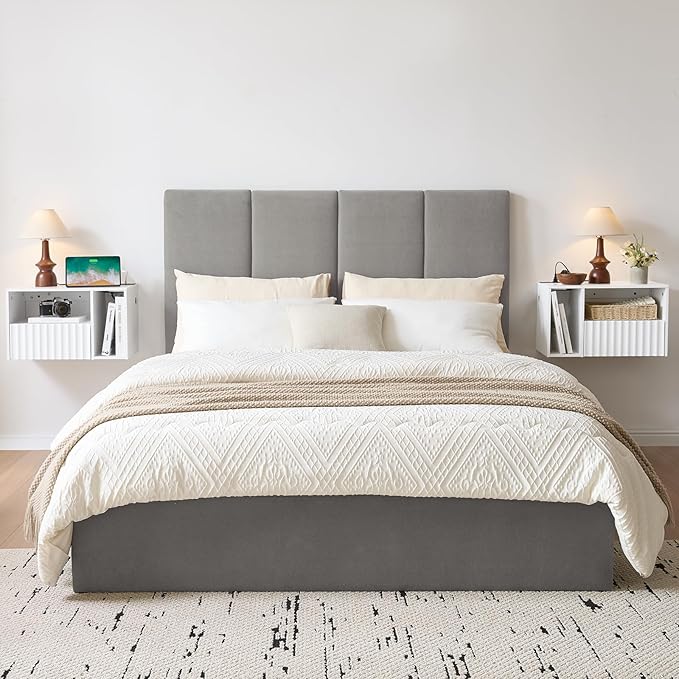 Modern Matte White Fluted Floating Nightstand with Charging Station, NightStand with Drawers, Bedside with USB Ports and Outlets, Bedroom Furniture (Right)