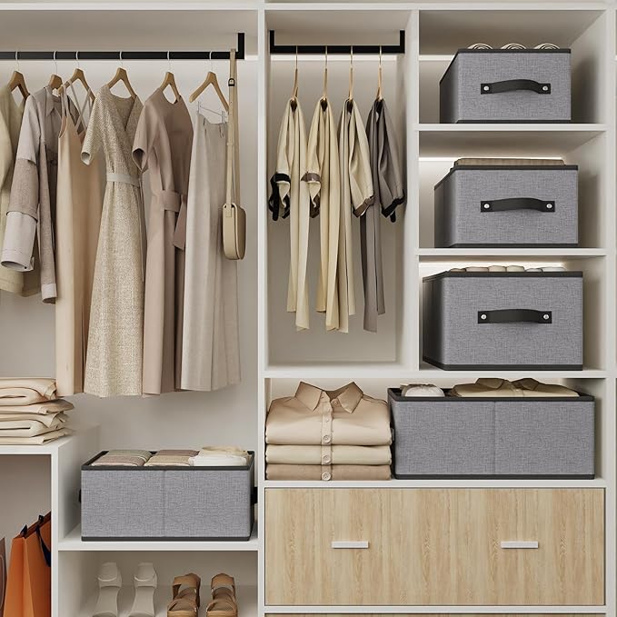 Foldable Storage Bins with Handles, Fabric Storage Cubes for Organizing, Decorative Linen Closet Organizers, 18.5 × 11 × 7.9 Inch, Gray, 4-Pack