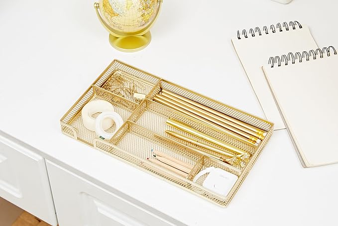 Annova Desk Drawer Organizer Tray for Office Organization - Metal Mesh - Storage Tray with Dividers for Pens, Desktop Accessories, Bathroom, Kitchen, Makeup and Office Supplies (Small, Gold)